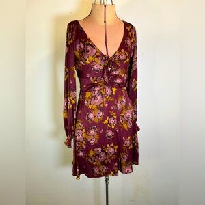 Free People Morning Light Mini Dress, Purple Combo Ruched V-Neck Floral Size 2